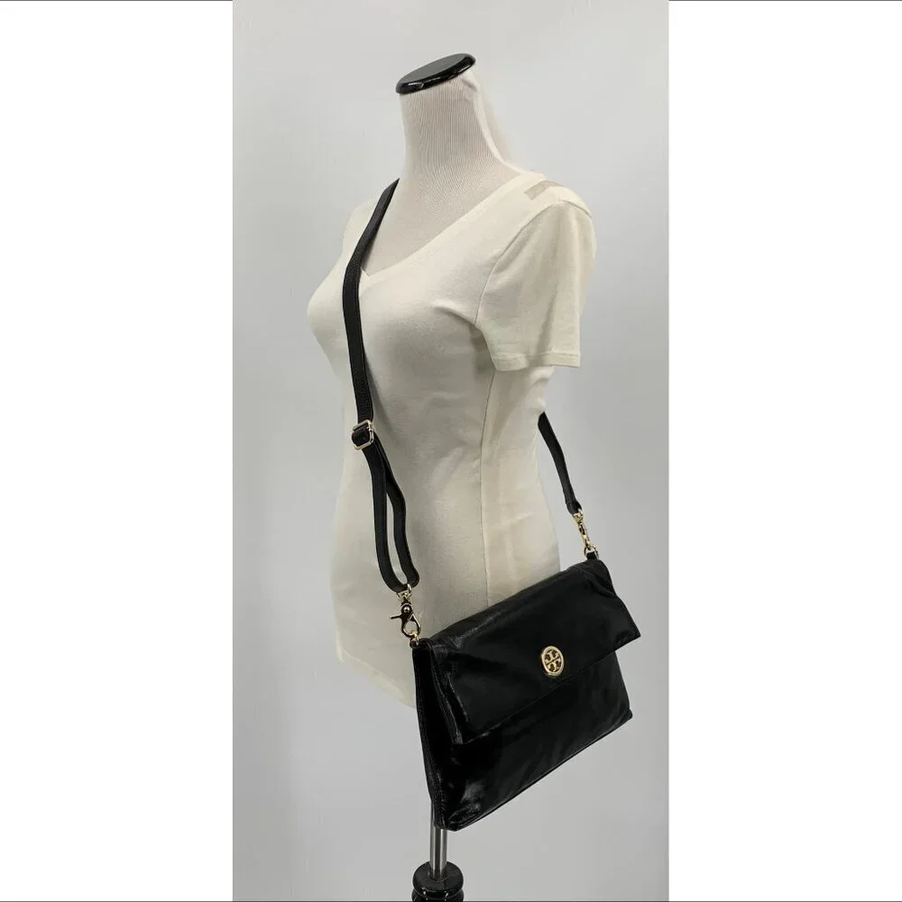 Tory Burch Dena Messenger purse bag black leather logo crossbody convertible new